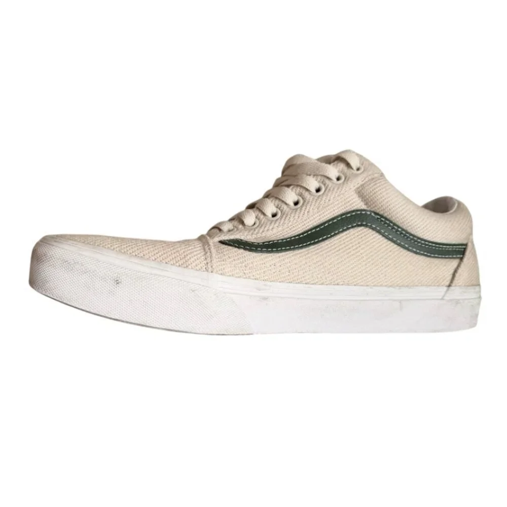 Vans Old Skool Beige Canvas Sneakers with Green Stripe – Size 10